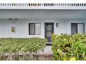 Close-up of unit entrance with well-manicured shrubs and black framed windows at 313 Martha Ln # 4, Oldsmar, FL 34677