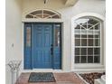Elegant front door with sidelights and transom window, set in a textured facade with arched window at 3206 Hurley Grove Way, Valrico, FL 33596