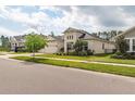 Lovely exterior view showcases manicured lawn, mature tree, and modern architectural design of the home at 4206 Tour Trce, Land O Lakes, FL 34638