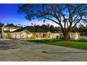 Twilight view of a grand home with manicured lawn, mature trees and ample parking at 4411 Culbreath Rd, Valrico, FL 33596