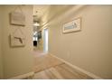 Hallway featuring neutral walls, light colored wood floors, a tan carpet runner, and beach themed decorations at 12820 Bent Twig Dr, Riverview, FL 33579