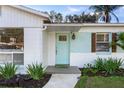 Close up of the quaint front entrance with light blue door and well-kept landscaping at 3316 W Ballast Point Blvd, Tampa, FL 33611