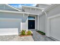 Close up of the entryway with a stylish double door entrance and a beautifully paved walkway surrounded by landscape at 32335 Wetland Bird Vw, San Antonio, FL 33576