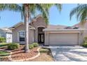 Charming home featuring a two-car garage, desert landscaping, and mature palm trees at 9961 Jasmine Brook Cir, Land O Lakes, FL 34638