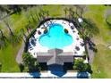 Aerial view of a clover-shaped community pool surrounded by lush greenery and lounge areas at 12652 Chenwood Ave, Hudson, FL 34669