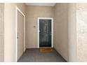 Condo unit entrance with a dark door, peephole, and 'Welcome Home' mat at 4209 Woodstorks Walk Way # 1304, Lutz, FL 33558