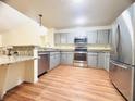 Well-lit kitchen boasts modern stainless-steel appliances and sleek gray cabinets with ample counter space at 15013 Redcliff Dr, Tampa, FL 33625