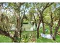 Private waterfront backyard with mature trees, lush lawn, and a serene hammock for ultimate relaxation at 9501 Alice Ln, Riverview, FL 33578