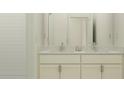 Bright bathroom features a dual-sink vanity with elegant countertops and subway tile shower at 9640 Runaway Breeze Dr, Land O Lakes, FL 34637