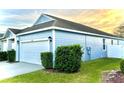 Side view of a blue home with a two-car garage and well-maintained lawn at 11566 Balintore Dr, Riverview, FL 33579
