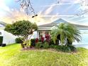 Well-maintained front yard with lush landscaping, shrubs, and a palm tree at 11566 Balintore Dr, Riverview, FL 33579
