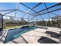 Relaxing screened-in pool area with sun loungers and a tranquil view of the adjacent pond at 4607 Ballantrae Boulevard, Land O Lakes, FL 34638