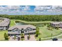 Aerial view of homes next to pond showing community landscaping and beautiful Florida scenery at 4849 Isola Ct, Wesley Chapel, FL 33543