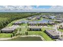 An aerial shot showcasing a community surrounding a beautiful pond and lush green scenery at 4849 Isola Ct, Wesley Chapel, FL 33543