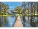 Stunning view of the lake with a long wooden dock, offering a serene and private retreat at 16573 Hutchison Rd, Odessa, FL 33556