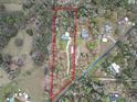 Aerial view highlighting the expansive property, featuring wooded areas, structures, and road frontage at 25590 Olympia Rd, Brooksville, FL 34601