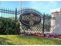View of the Ridgemoor community sign with manicured landscaping and flowerbeds at 3798 Darston St, Palm Harbor, FL 34685