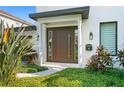 Charming front entrance with modern dark wood door, well manicured landscaping, and verdant greenery at 4308 W Beach Park Dr, Tampa, FL 33609