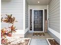 The entryway of this beautiful home features a dark wood door and decorative landscaping at 5441 Worthington Loop, Palm Harbor, FL 34685