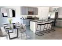Modern kitchen featuring grey cabinetry, granite counters, stainless steel appliances, and an island with seating at 1706 Tahitian Sunrise Dr, Plant City, FL 33565