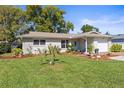 Well-maintained single-story home with lush green lawn, attractive landscaping, and an attached garage at 1489 Dundee Dr, Palm Harbor, FL 34684