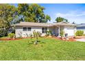 Charming single-story home featuring a well-manicured lawn and beautifully landscaped garden beds at 1489 Dundee Dr, Palm Harbor, FL 34684