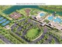 Aerial view of the private social club featuring tennis courts, swimming pools, playground, and ample parking at Two Rivers at 2595 Wise River Ln, Zephyrhills, FL 33541