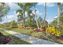 Well-maintained lawn showcasing vibrant landscaping, featuring diverse tropical plants and palm trees alongside a sidewalk at 1503 Yale Castle Ct, Ruskin, FL 33570