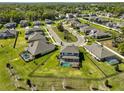 Aerial view of a home in a residential neighborhood with well-maintained lawns, mature trees, and screened-in pools at 3020 Silva Wood Dr, Valrico, FL 33596