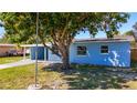 Side view of the blue home, highlighting the carport and well-maintained lawn at 4716 Town N Country Blvd, Tampa, FL 33615
