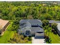 An aerial view of a well-maintained home surrounded by lush landscaping and nearby wooded area at 309 Royal Bonnet Dr, Apollo Beach, FL 33572