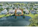 Aerial view of a home with a screened pool overlooking a serene pond and lush green landscaping at 19826 Wyndham Lakes Dr, Odessa, FL 33556