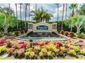 Welcoming entrance to Plantation Palms Golf Club with lush landscaping and a beautiful water feature at 23523 Gracewood Cir, Land O Lakes, FL 34639