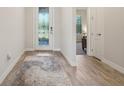 Inviting foyer with decorative glass door, light wood flooring, and a stylish area rug at 13822 Carlow Park Dr, Riverview, FL 33579