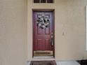 Close-up of the front door with decorative wreath, sidelight, and 'No Soliciting' sign at 4426 Brandon Ridge Dr, Valrico, FL 33594