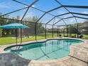 A screened-in swimming pool featuring a clear blue pool, stone pavers, and an umbrella table at 6617 Park Strand Dr, Apollo Beach, FL 33572