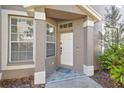 Cozy front entrance featuring a white door, stone-tiled landing, and a lush tropical landscape at 11240 Windsor Place Circle Cir, Tampa, FL 33626