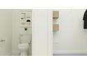 Half bathroom with a decorative painting and a storage closet with baskets and clothing rack at 16969 Falling Waters Ct, Land O Lakes, FL 34638