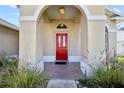 Inviting front entrance showcasing a vibrant red door, brick landing, and arched doorway at 14916 Rocky Ledge Dr, Tampa, FL 33625