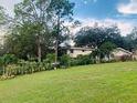 Spacious back yard featuring lush green grass and mature trees, perfect for outdoor activities at 4904 E River Hills Dr, Tampa, FL 33617