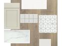 Selection of interior design materials, including cabinet, tile, floor, and countertop samples at 10636 Crescent Creek Xing, Parrish, FL 34219