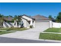 Single-story home with a gray exterior, a two-car garage, and a concrete driveway with landscaped yard at 13355 Willow Bluestar Loop, Riverview, FL 33579