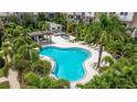 Aerial view of a resort-style pool surrounded by palm trees, lounge seating, and a pergola at 2570 12Th N Pl, St Petersburg, FL 33713