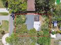 Aerial view of the home including roof, pool screen, fenced back yard, and mature trees at 3609 S Omar Ave, Tampa, FL 33629