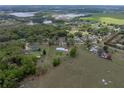 Picturesque aerial view of a home surrounded by lush greenery, pastures and several serene lakes at 39745 River Rd, Dade City, FL 33525