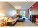 Comfortable living room with a plush sofa, ceiling fan, and natural light from the sliding glass door at 21011 Picasso Ct # 101, Land O Lakes, FL 34637