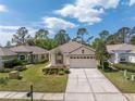 Lovely single-story home with a spacious driveway, green lawn, and blue skies above at 3215 Banyan Hill Ln, Land O Lakes, FL 34639