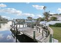 Private wooden dock extending into the calm water, ideal for boating and enjoying waterfront living at 104 Carlyle Cir, Palm Harbor, FL 34683