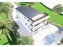 An eye-level view showcases a white home with a rooftop terrace, black railings, and a pool at 2004 Gulf Blvd, Indian Rocks Beach, FL 33785