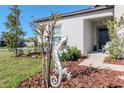 Landscaped front yard featuring a unique metal lizard sculpture and decorative mulch at 12103 Gothic Rd, Spring Hill, FL 34610